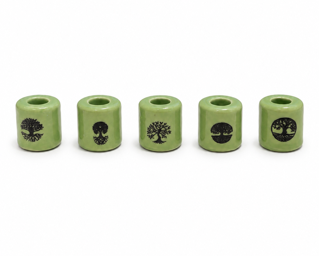 Green ceramic Tree of Life candle holder with black spiritual tree symbol